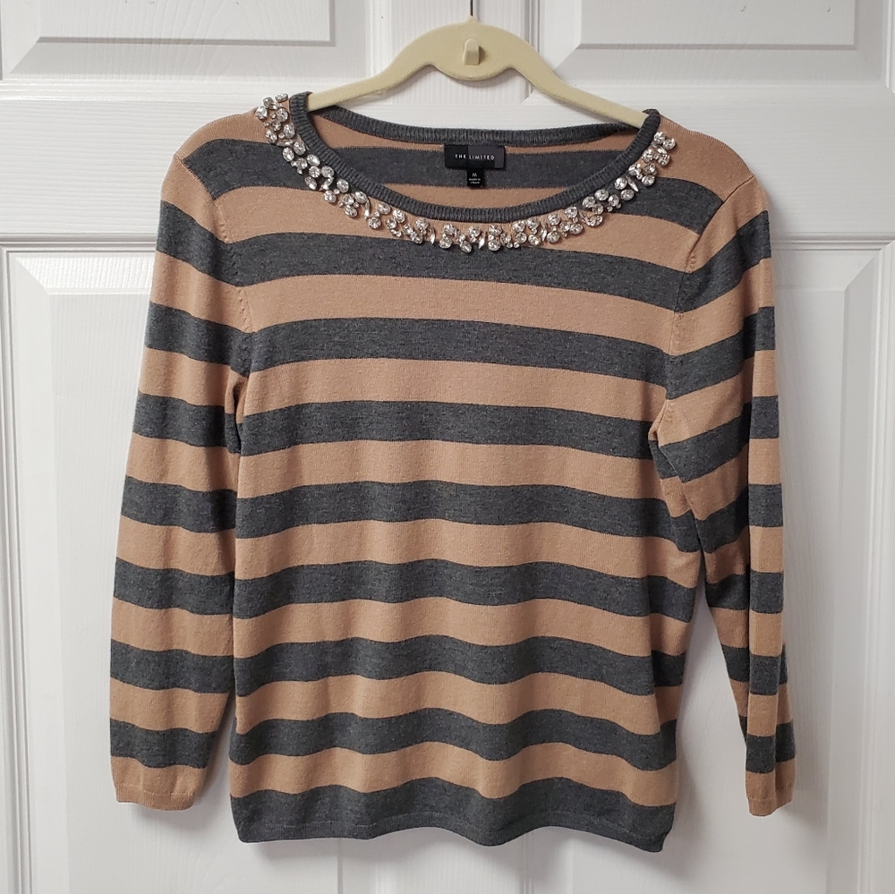 The Limited Gray and Tan Stripe Sweater w/ Bling